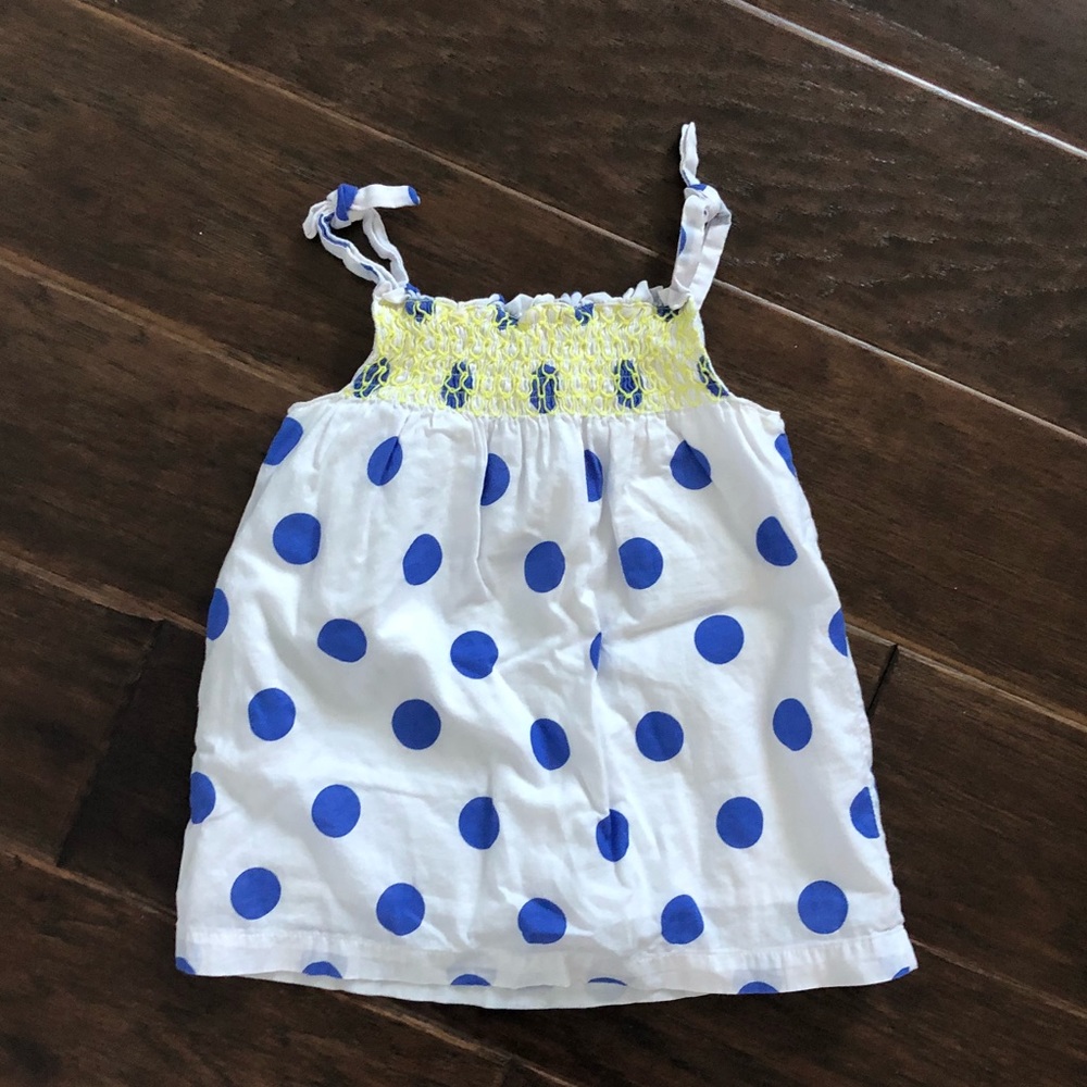 Mini Boden White Dress with Blue Polka Dots and Yellow Smocking